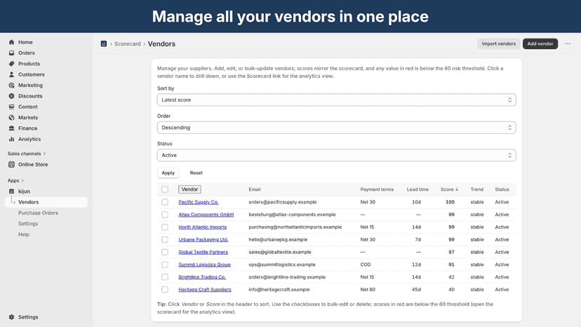 Vendor list showing payment terms, lead time, and score columns