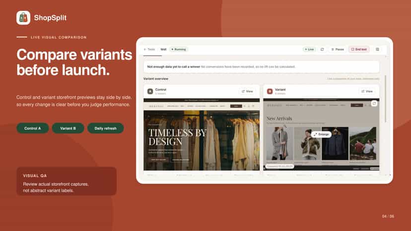 Compare control and variant storefront previews