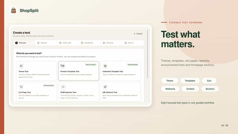 Choose from eight Shopify storefront A/B test types