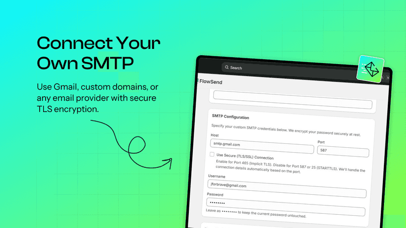 SMTP configuration with host, port, TLS, and sender details