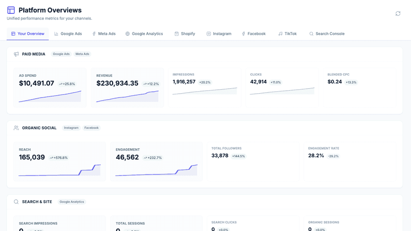 Blended ad spend, revenue, ROAS, etc.