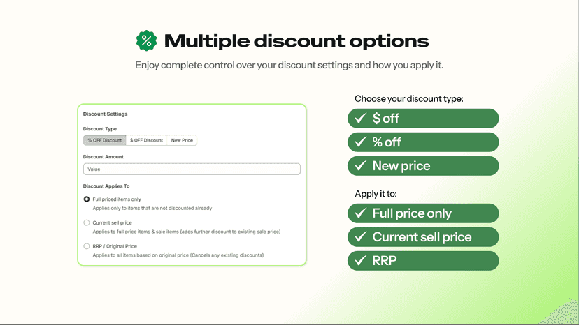 Multiple discount options including % off, $ off & new price