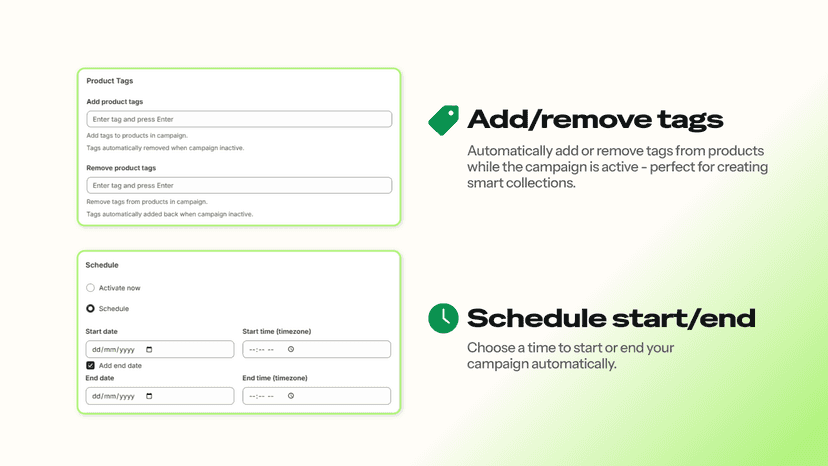 Add or remove tags from products & schedule start and end times