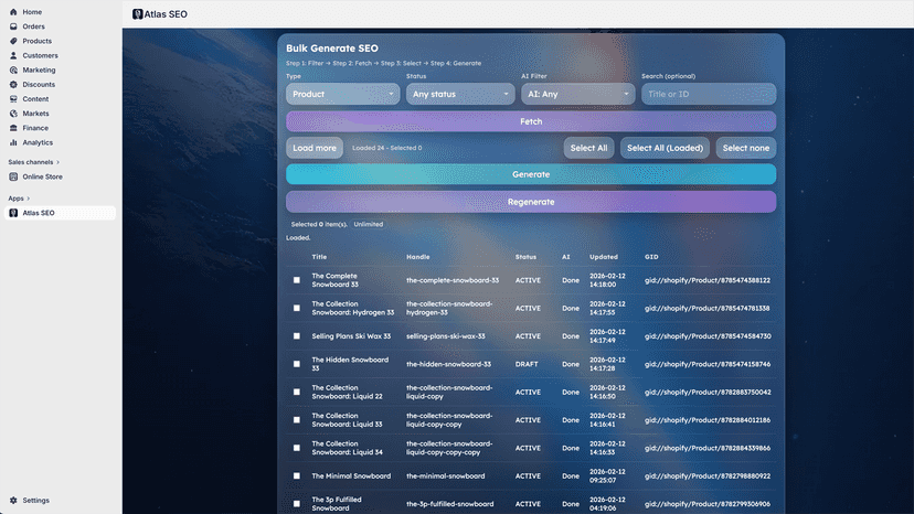 Atlas SEO selecting products to bulk edit