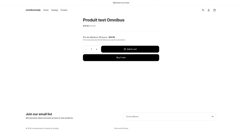 Badge OmnibusReady sur fiche produit Shopify