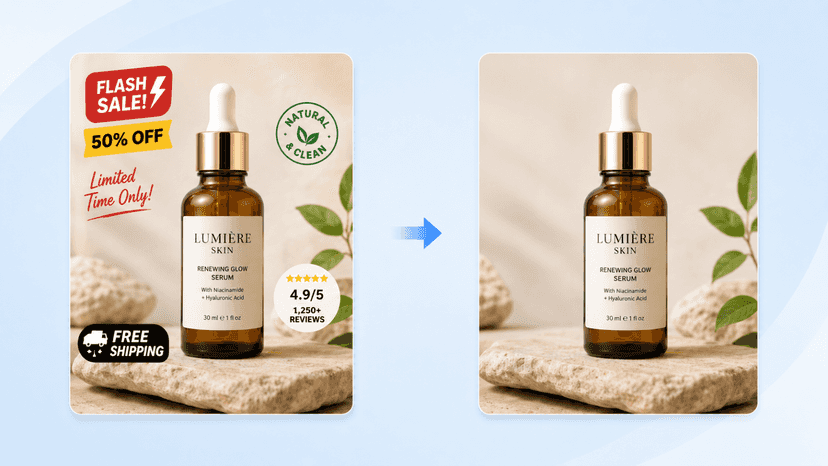 Product photo before and after text removal