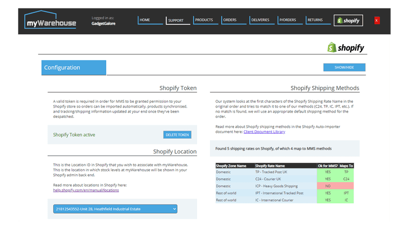 Configuration of shipping methods based on Shopify Shipping Zone
