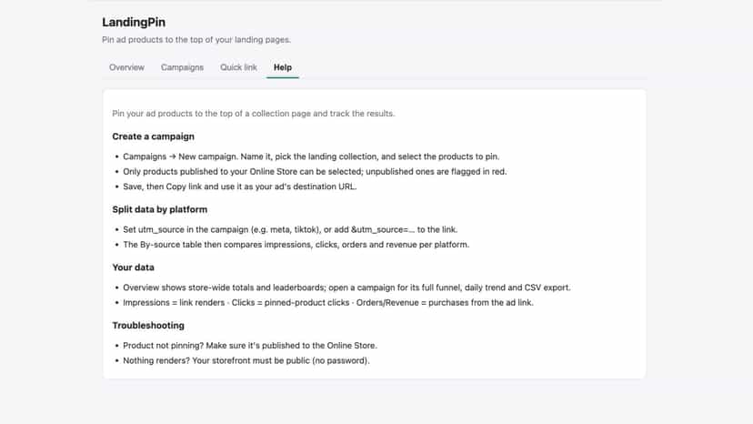 Help page explaining setup, tracking and troubleshooting