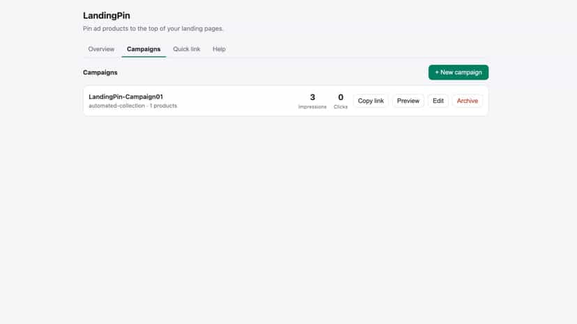 Campaign list with copy, preview, edit and archive actions