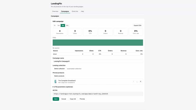 Campaign editor with collection, pinned product and ad link