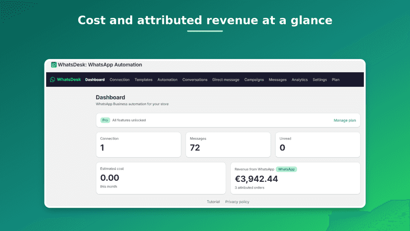 Dashboard: messages, WhatsApp cost and attributed revenue