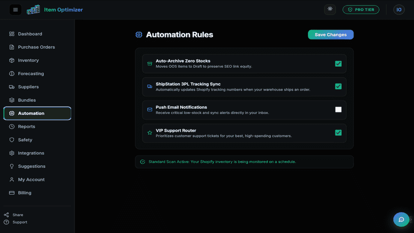 Customizable inventory automation rules and sync settings