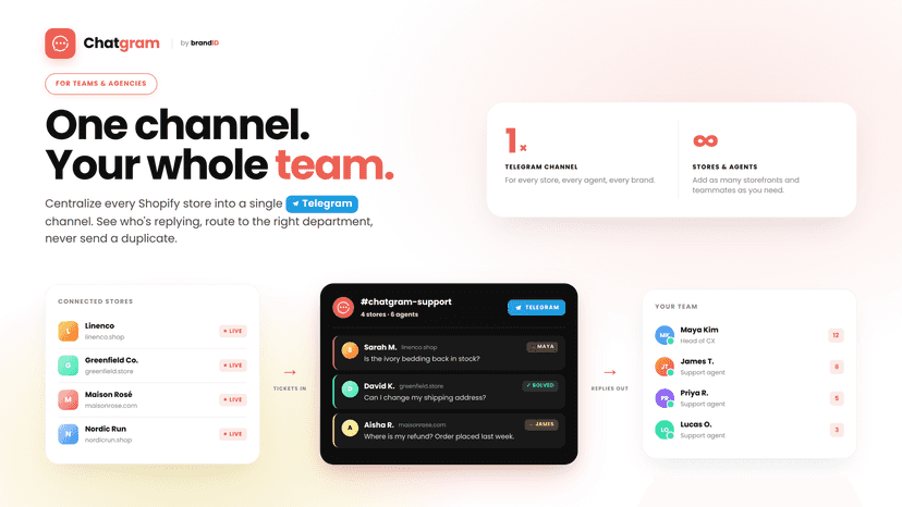 Centralized Telegram channel for multiple Shopify stores & teams
