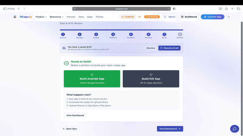 Wrapely dashboard with Android and iOS app build options