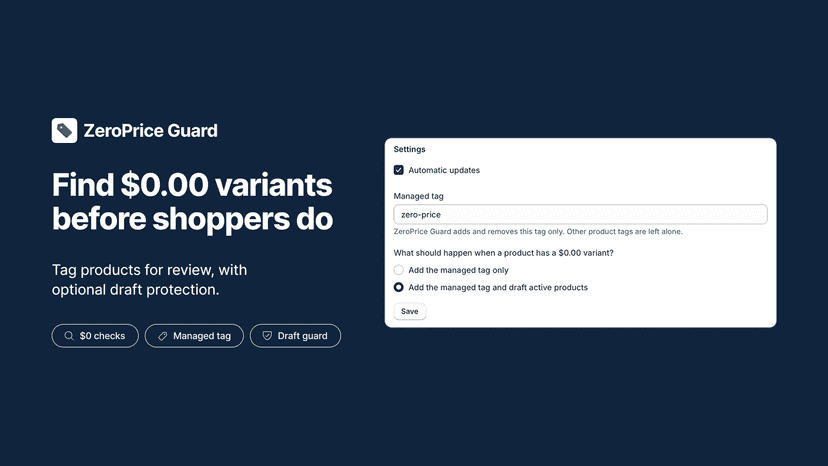 ZeroPrice Guard dashboard with $0 variant checks