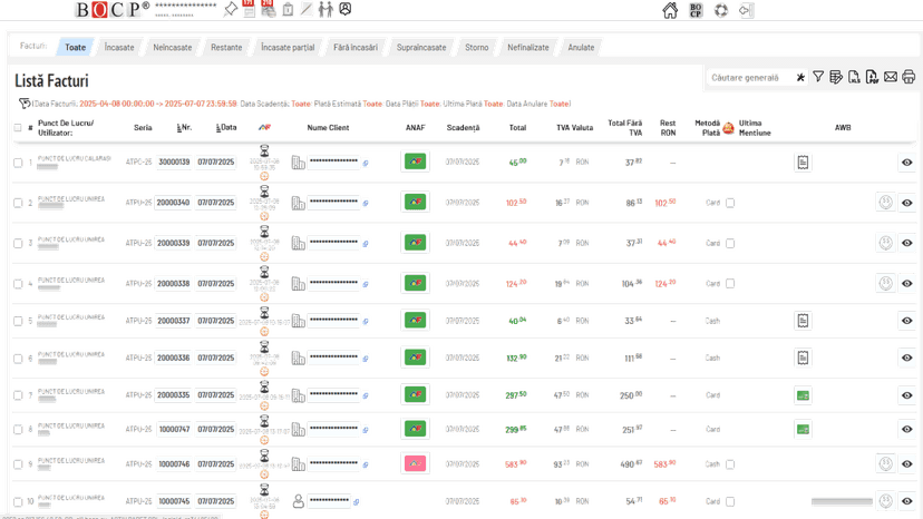 issued invice list with filters and payments