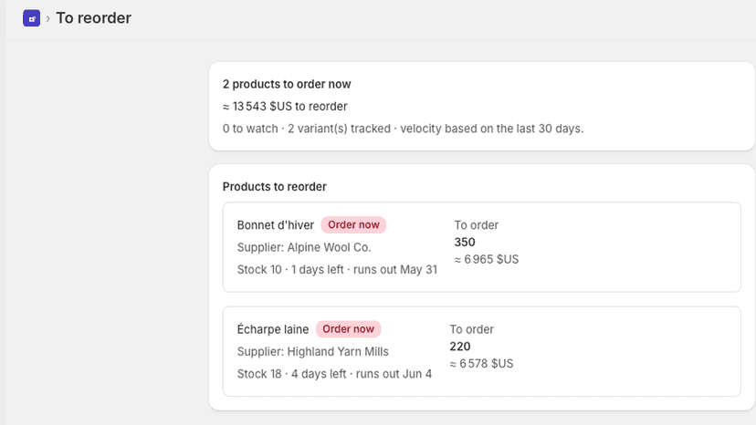 Reorder dashboard showing what to reorder, when, and how much