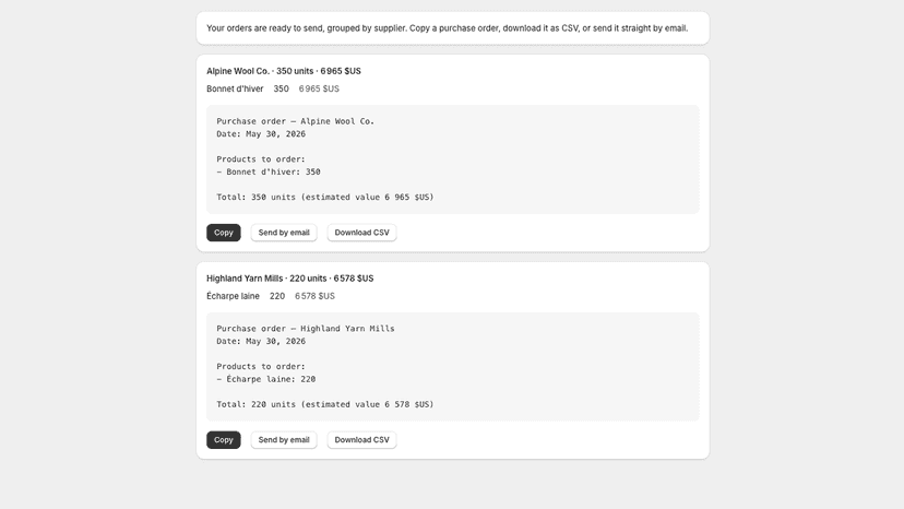 Purchase orders grouped by supplier, ready to copy or email