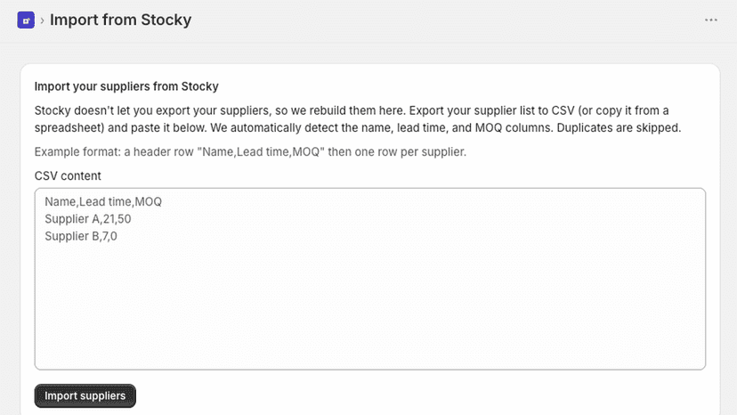 One-paste supplier import when migrating from Stocky