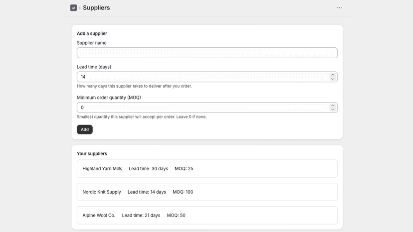 Supplier list with lead times and minimum order quantities