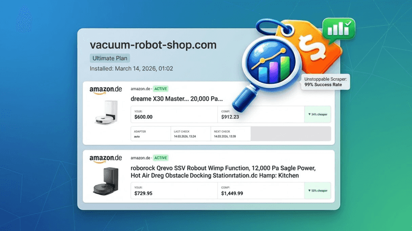 Dashboard showing real-time price comparisons with 99% success