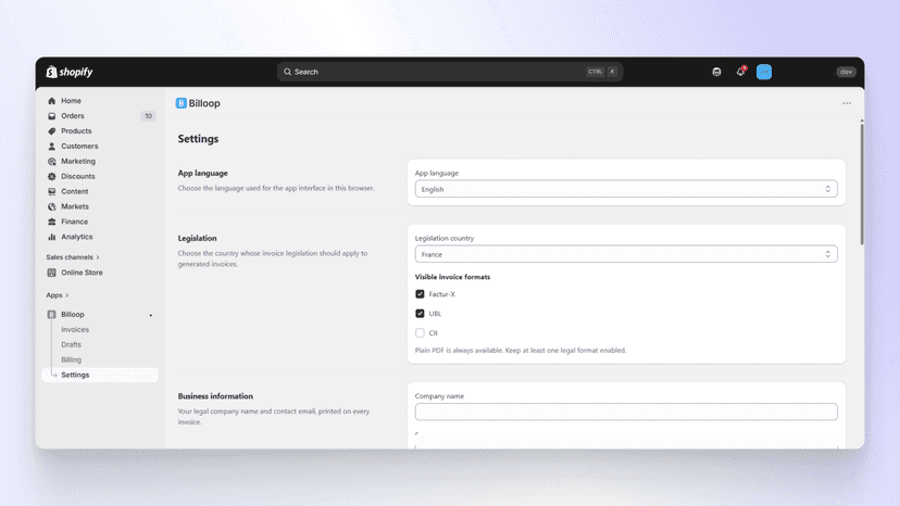 Preview of the settings page
