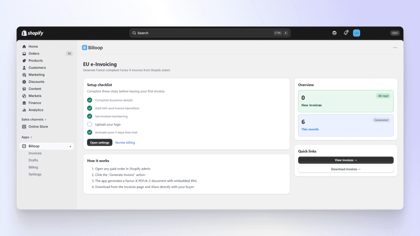 Billoop main dashboard