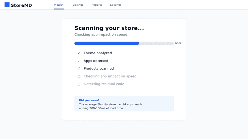 StoreMD scanning a store in real-time with progress tracking