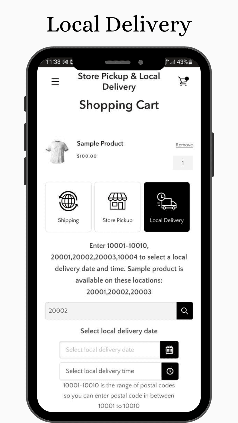 Time and date picker or calendar for local delivery