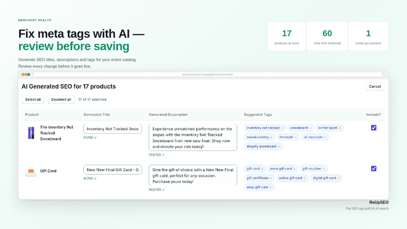 AI-generated SEO titles and meta tags for review
