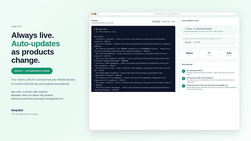 LLMs.txt live feed, auto-updates with products