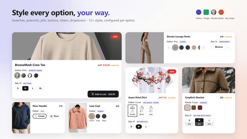 Swatch, slider, dropdown & polaroid picker styles on cards