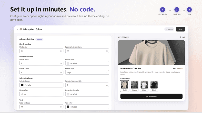 Vensa admin with live swatch preview, no code needed