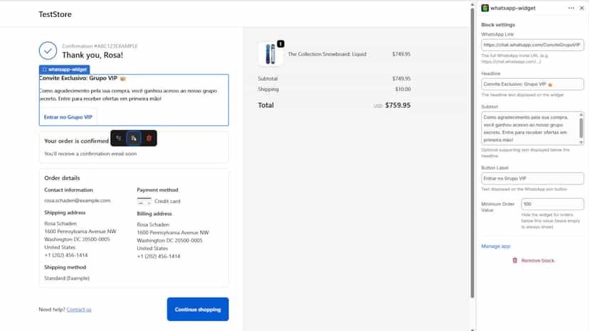 Widget adicionado nativamente no Editor de Checkout.