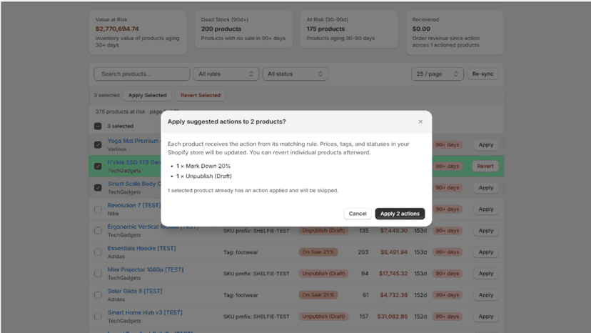 Bulk apply modal showing action breakdown before confirm