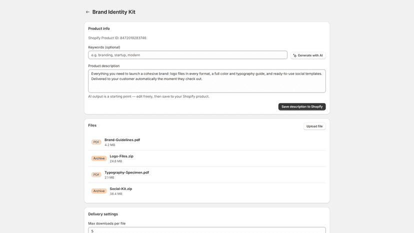 A linked Shopify product with uploaded files and delivery rules