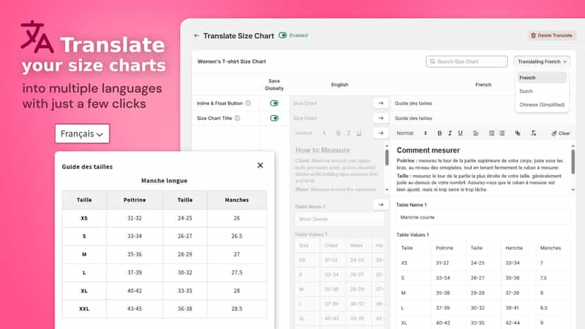Quickly localize your size charts to reach international markets