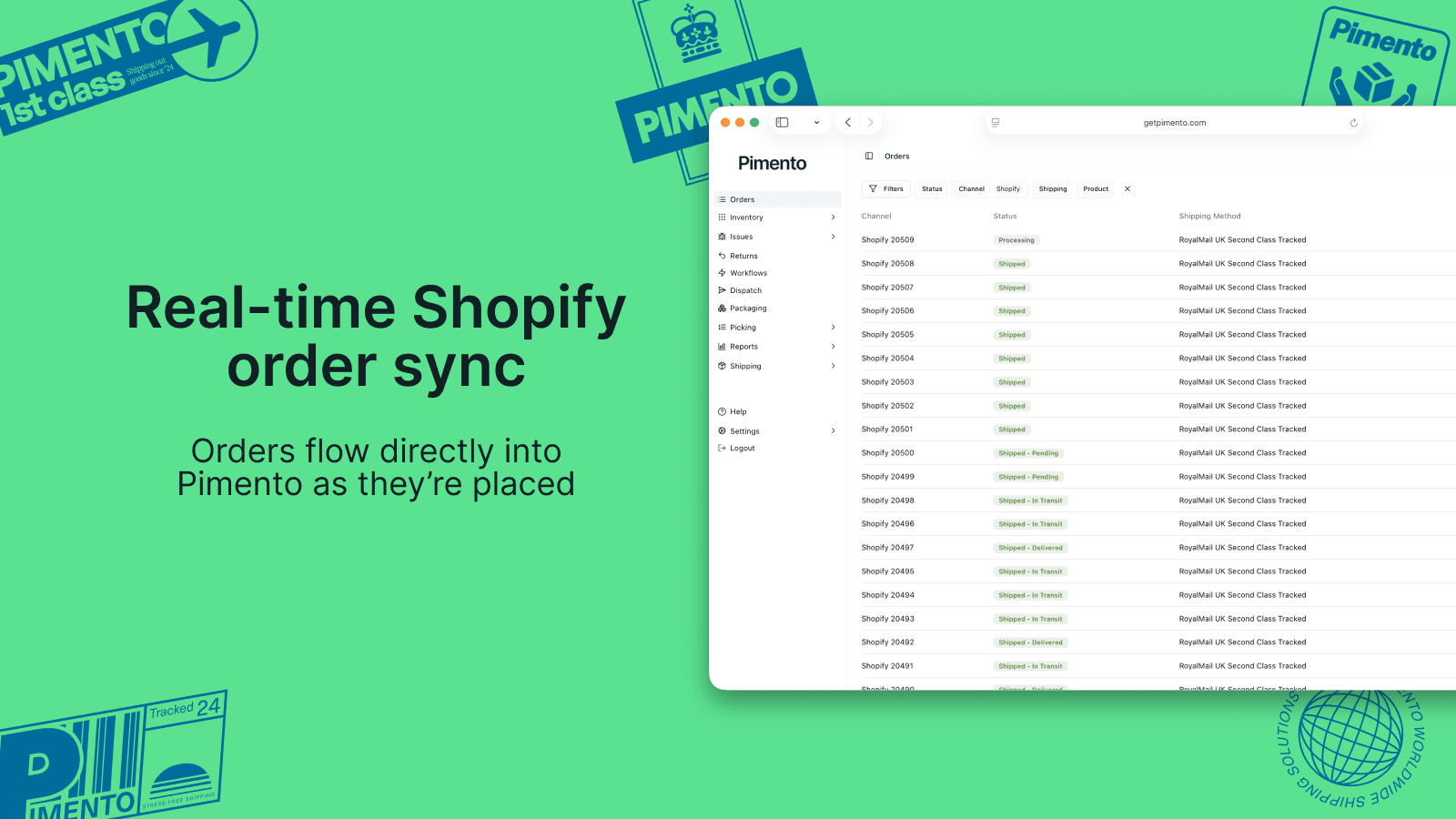 Real-time Shopify orders synced into the Pimento dashboard