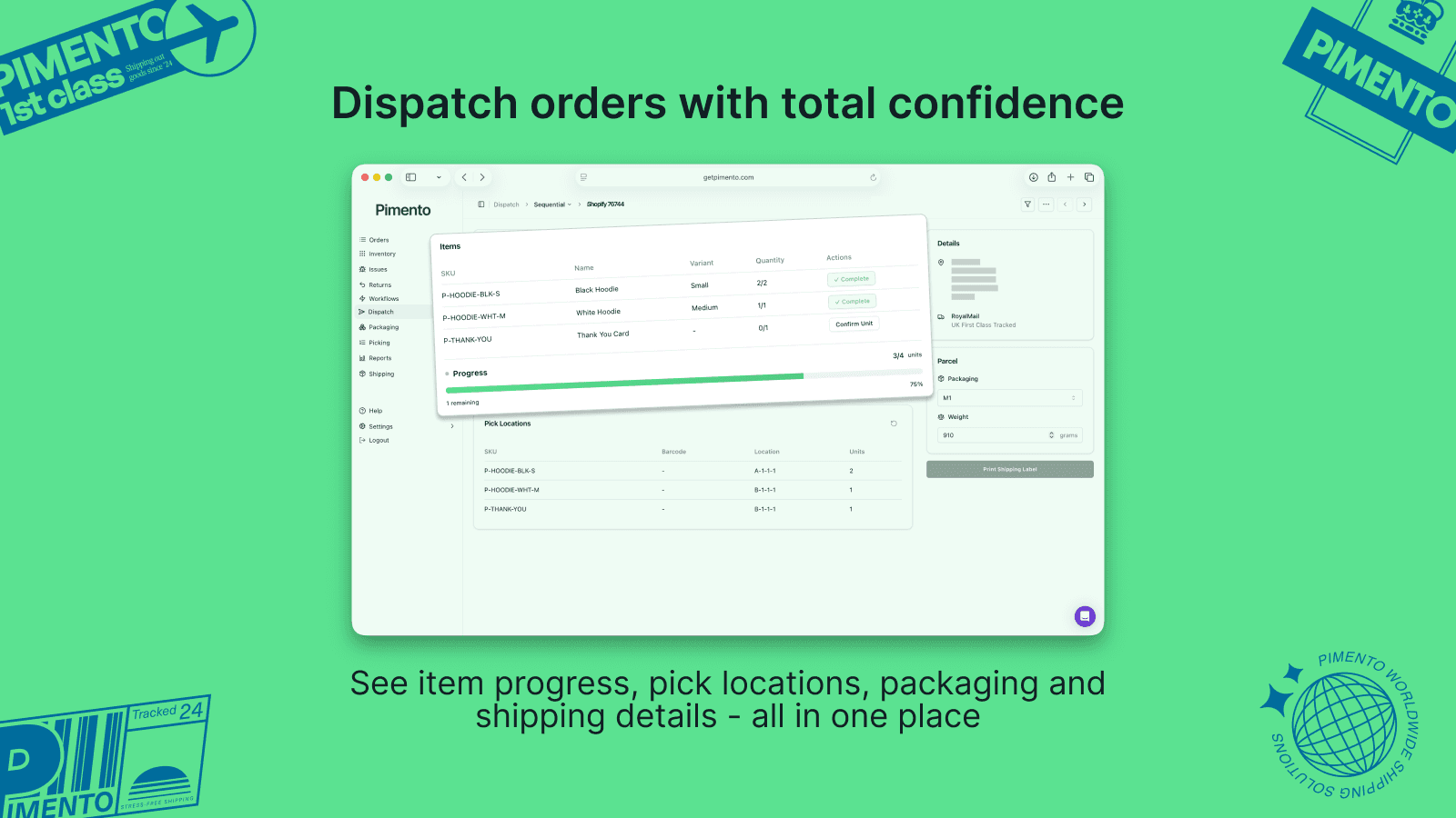 Dispatch orders with picking, packaging and shipping details