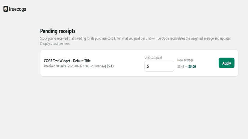 Pending receipts with live average cost preview