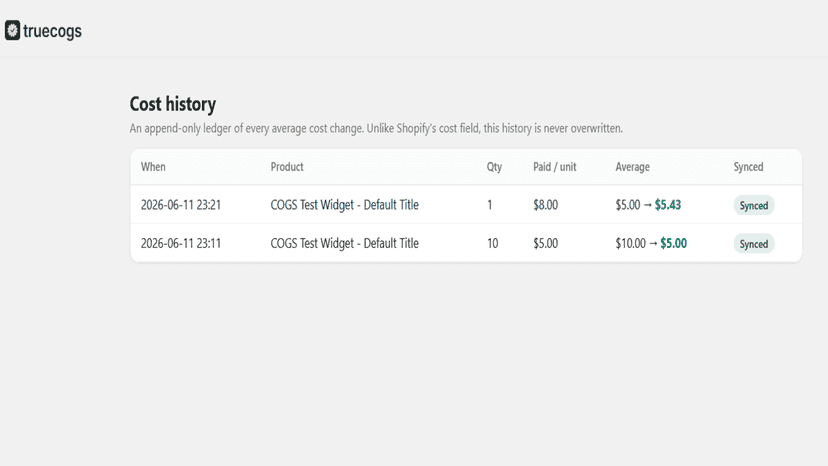 Permanent cost history ledger