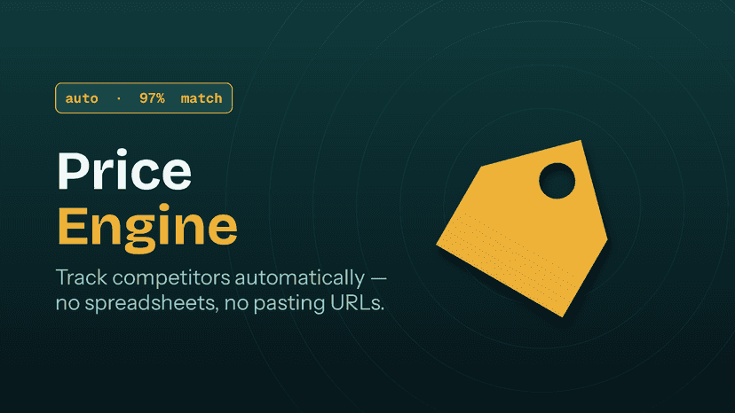 Price Engine auto-tracking a competitor at 97% match confidence