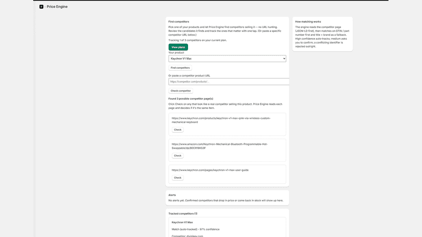 Competitor price and stock with match confidence score