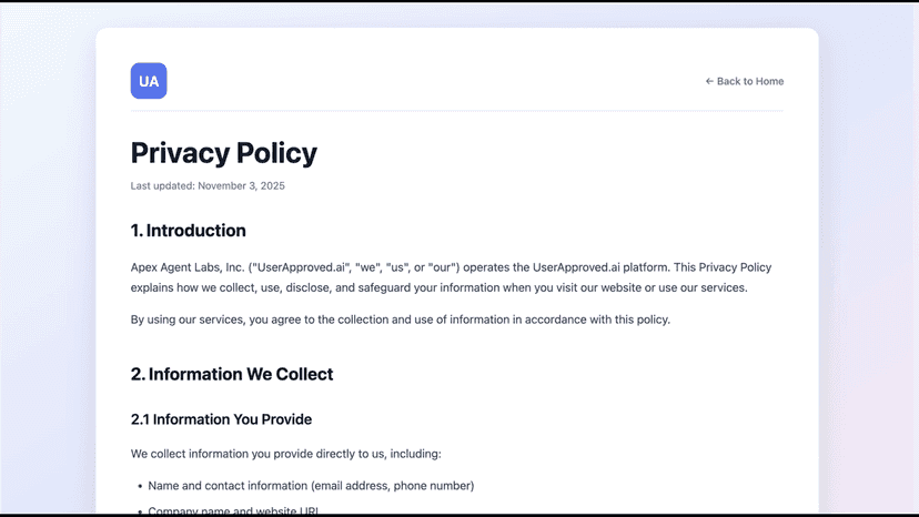 Privacy Policy for UserApproved.ai by Apex Agent Labs, Inc.