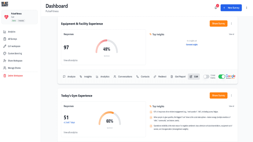 RocketSurvey dashboard with survey stats and response metrics