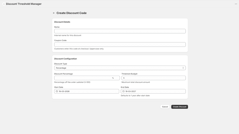 Set discount value, threshold budget, and active dates