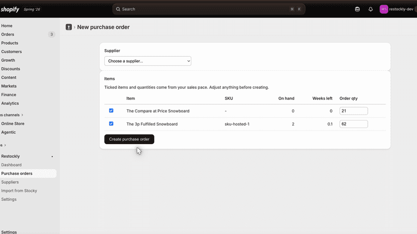 New purchase order with suggested reorder quantities filled in