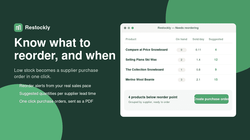 Restockly low-stock reorder alerts and supplier purchase orders