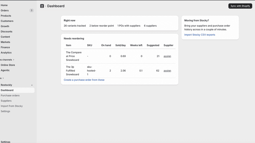 Restockly dashboard showing products that need reordering