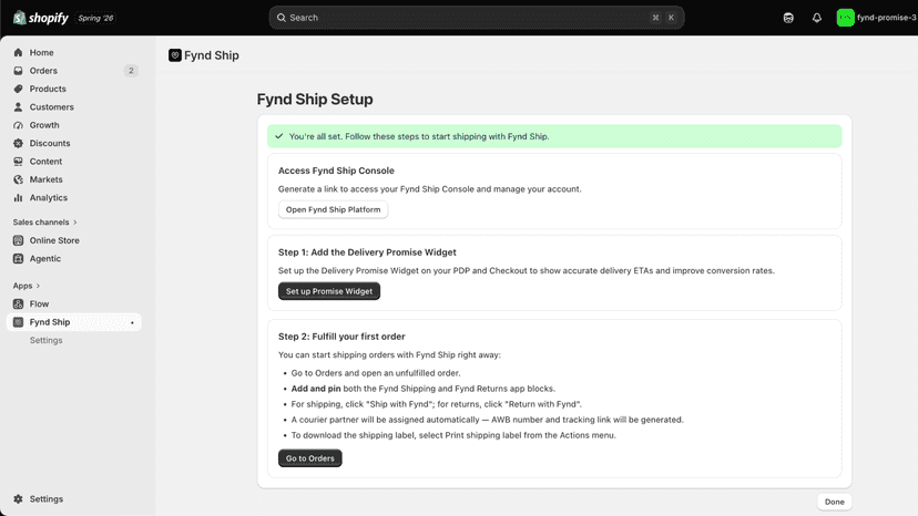 Fynd Ship setup guide inside Shopify admin